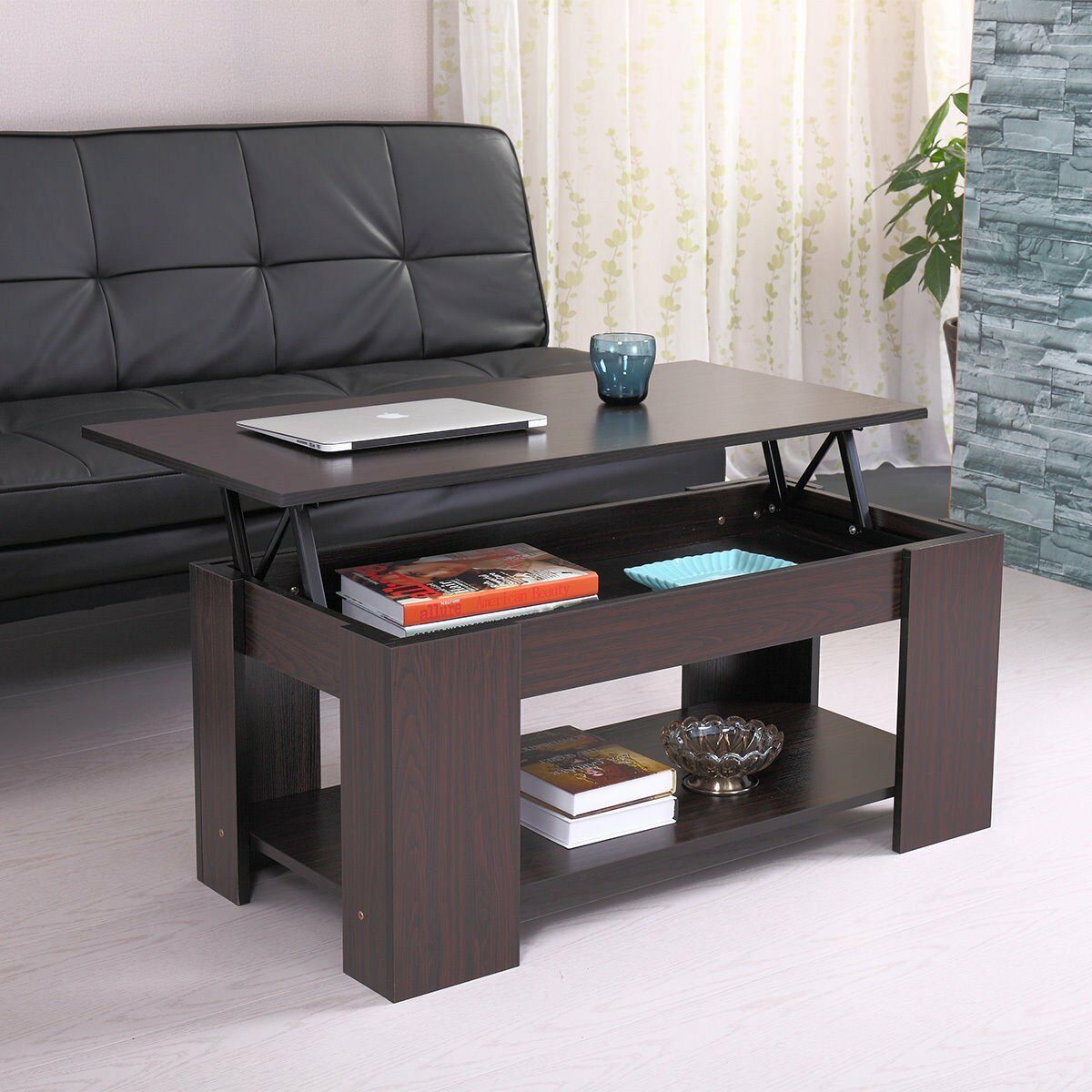 Hydraulic Lift Up Coffee Tea Table End Table with Living Room 100cm Wodden
