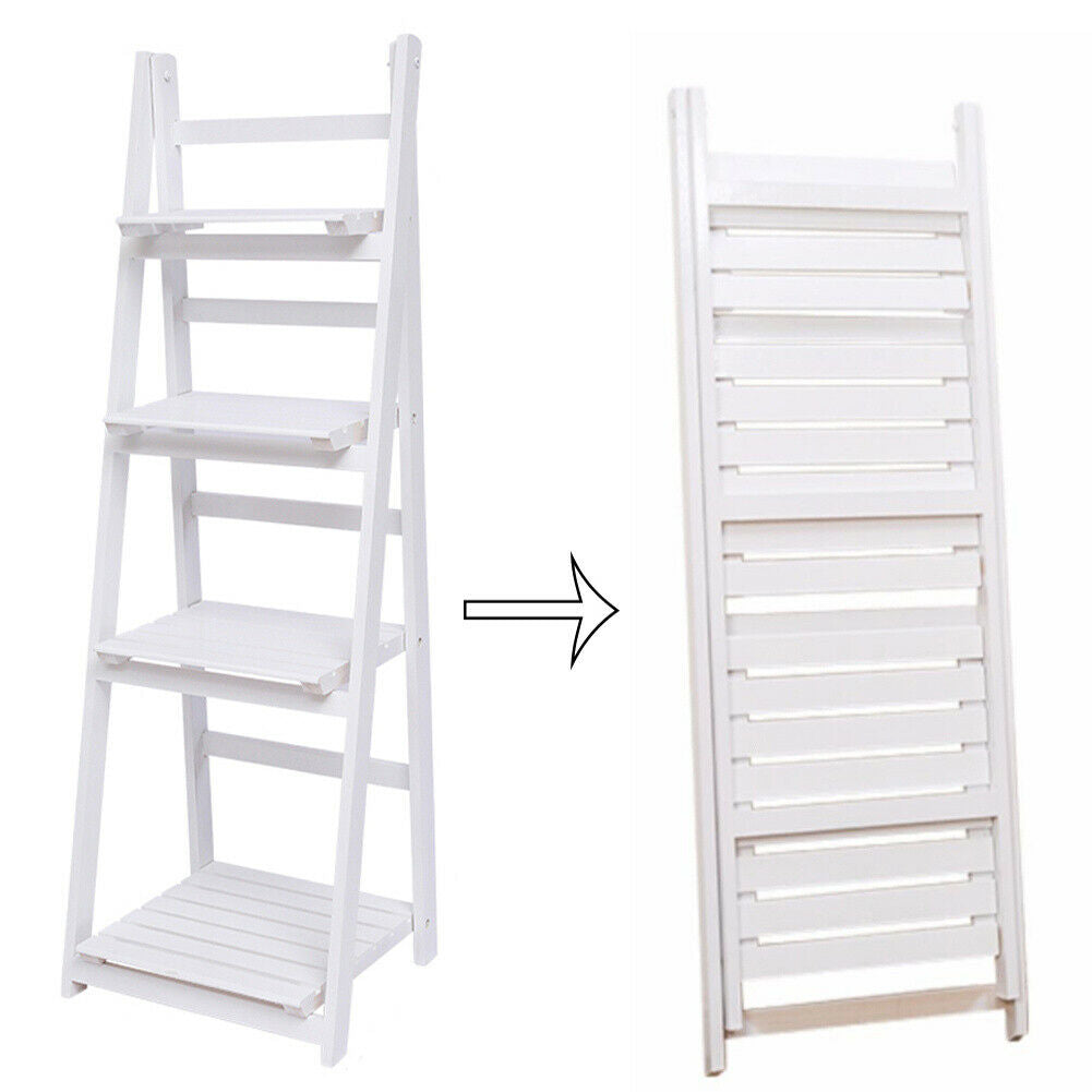 White Wooden Ladder Shelf 4 Tiers Plant Stand Folding Display Bookshelf Rack UK