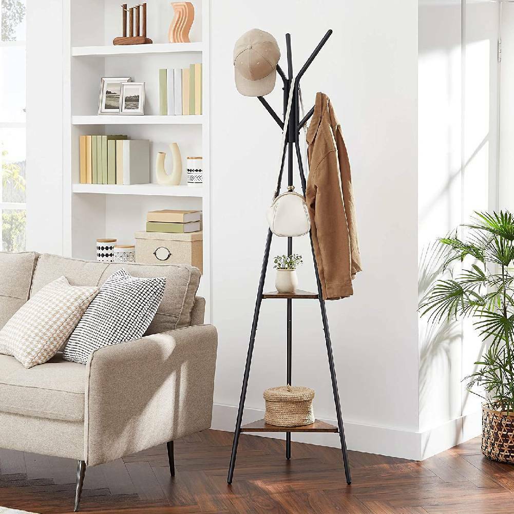 Tall Coat Stand 9 Hooks Clothes Storage Shelves Hat Freestanding Hallway Bedroom