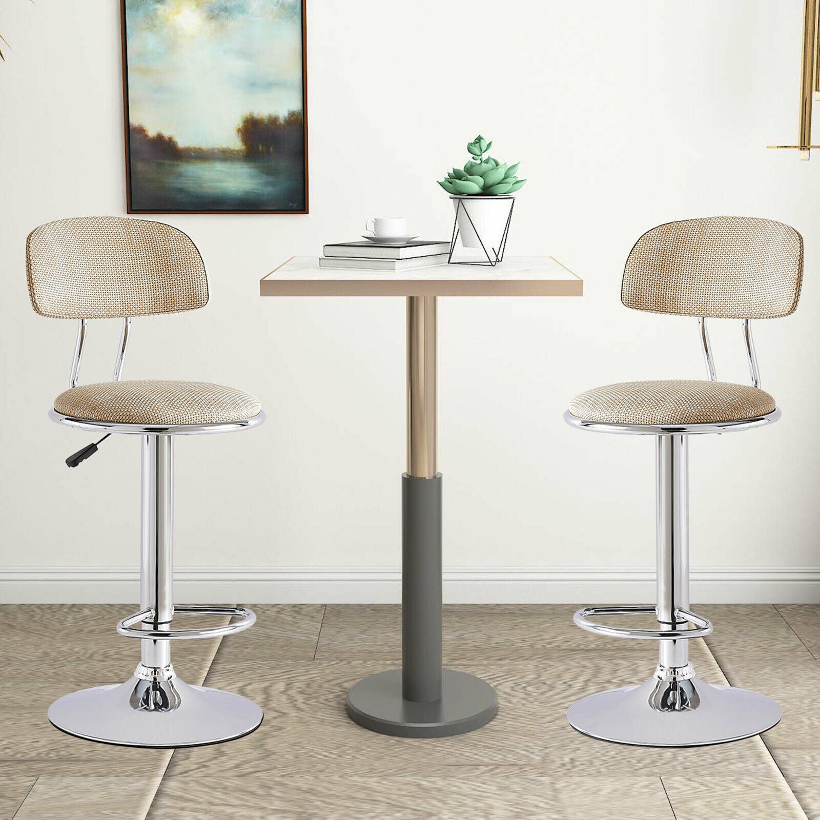 Bar Stools x2 Beige Swivel Barstools Gas Lift Rest Pub Chairs Kitchen Breakfast