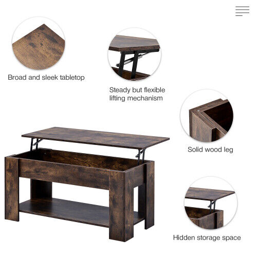 2 Tier Coffee Table With Lift Up Top Wood Living Room Sofa Table Storage Shelf