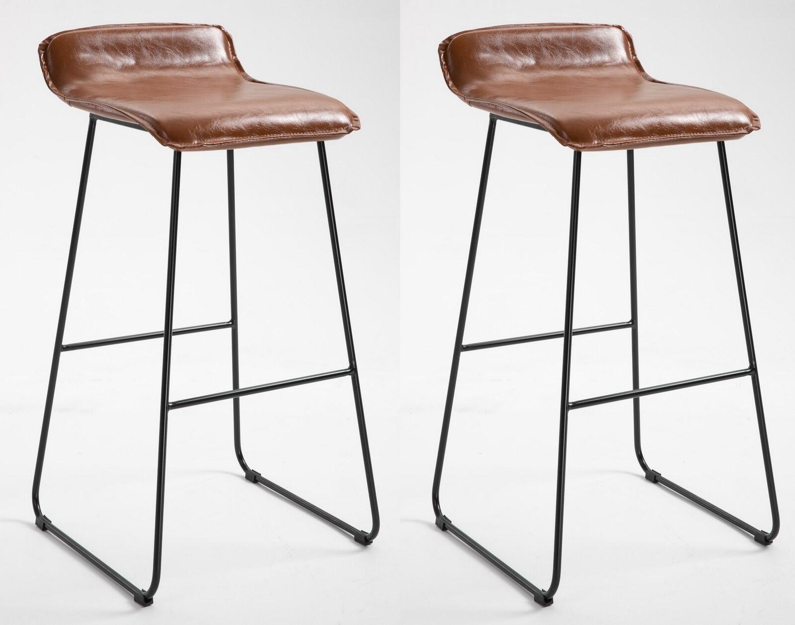 2x PU Leather Brown Bar Stools Footrest / Breakfast High Metal Leg Kitchen Home