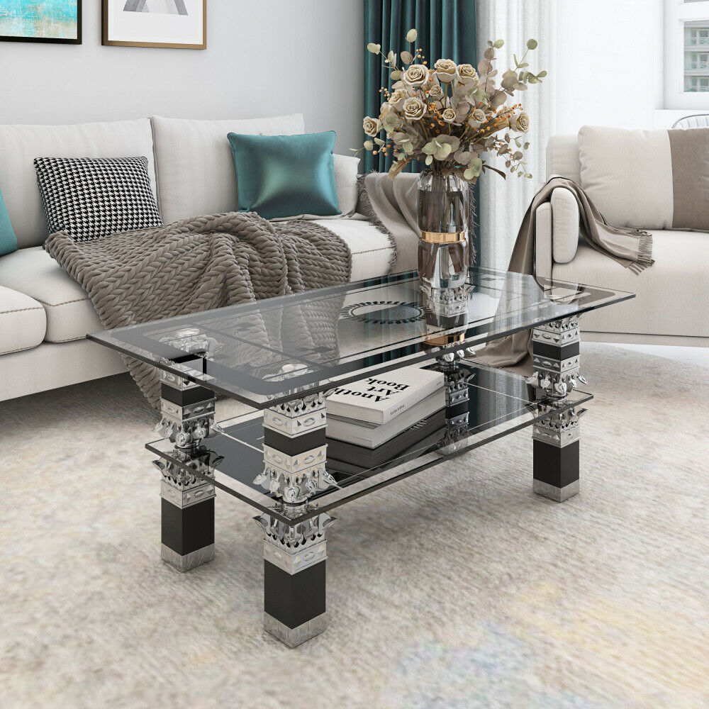 Glass Living Room Coffee Table With Lower Shelf Black Modern Rectangle Tea Table