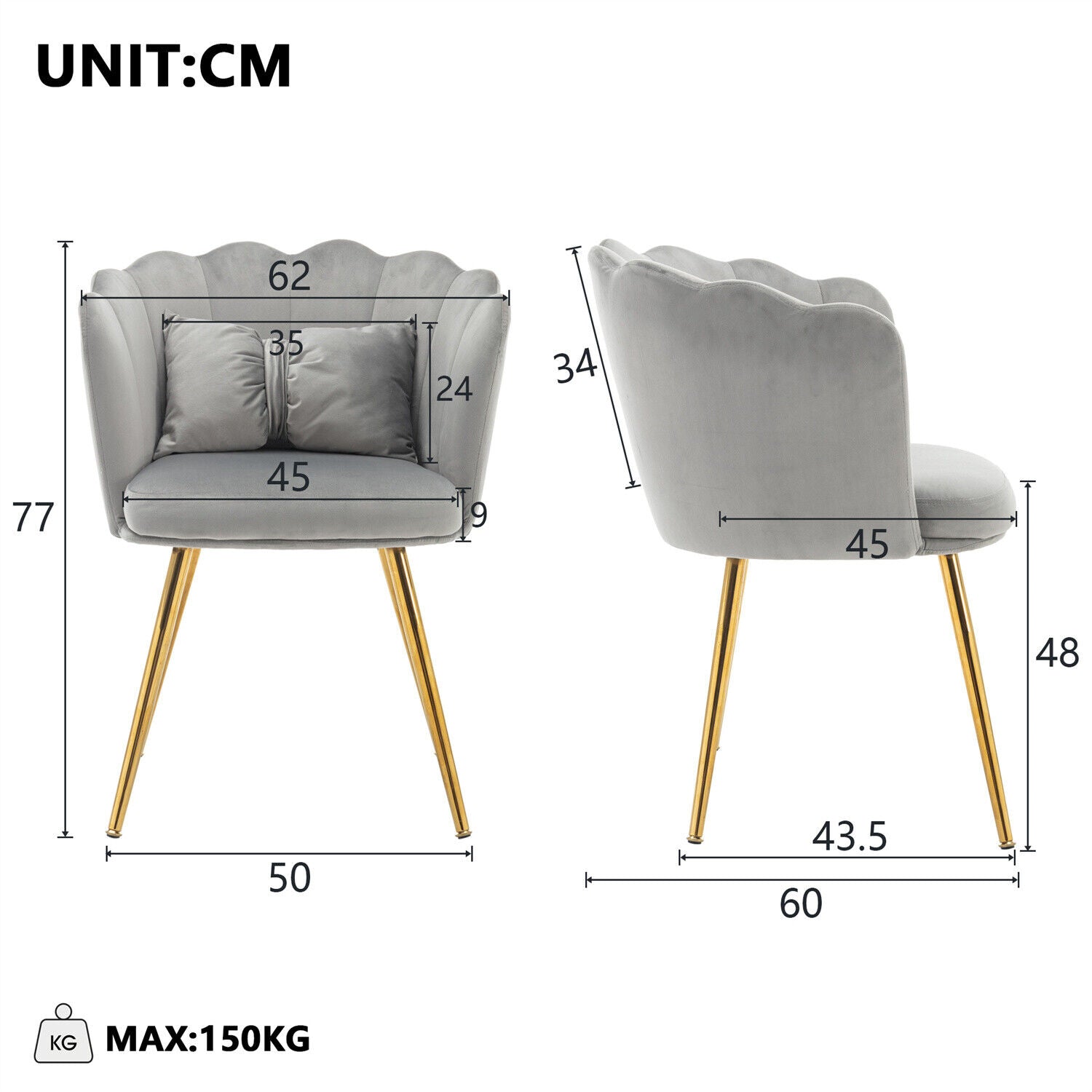 2x Velvet Upholstered Accent Chair Wing Back Armchair w/ Pilows Metal Legs Grey