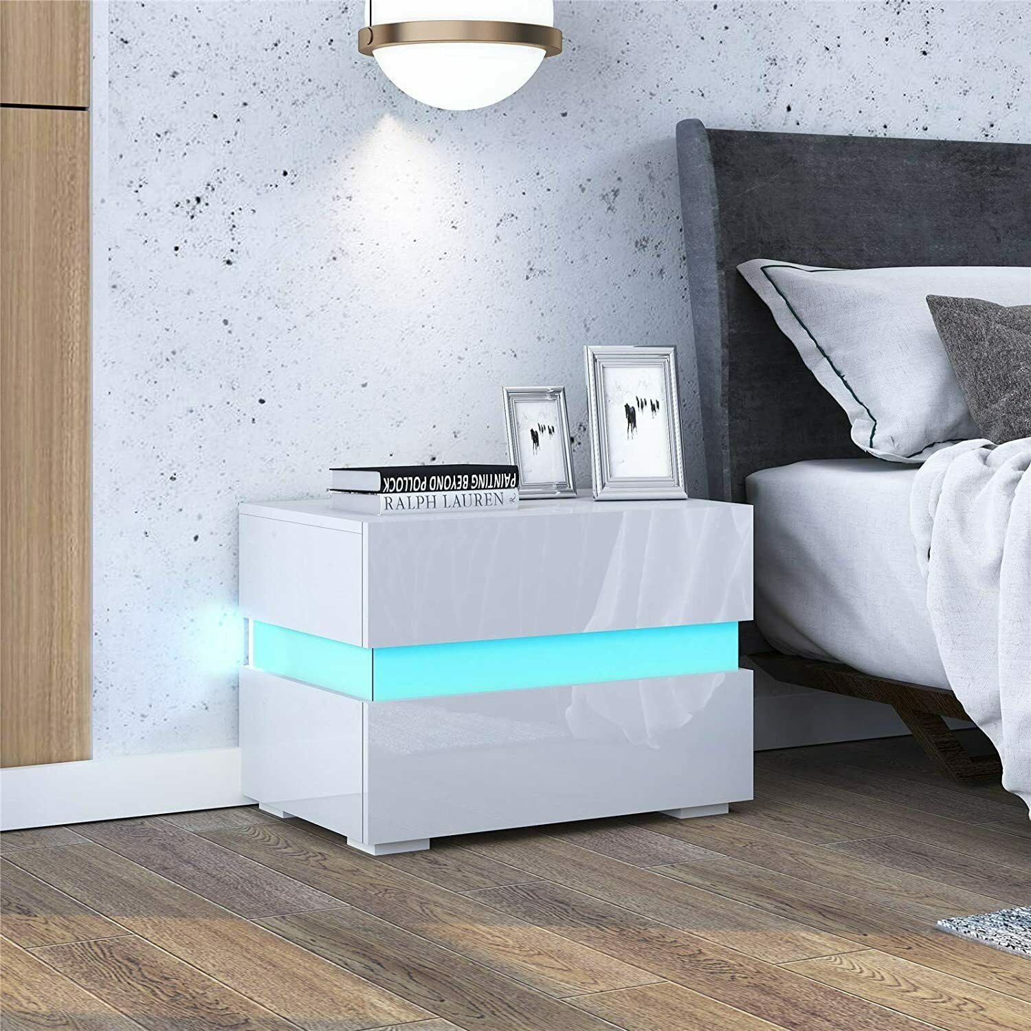 2x White High Gloss Chest of 2 Drawers Bedside Table Cabinets Nightstand RGB LED