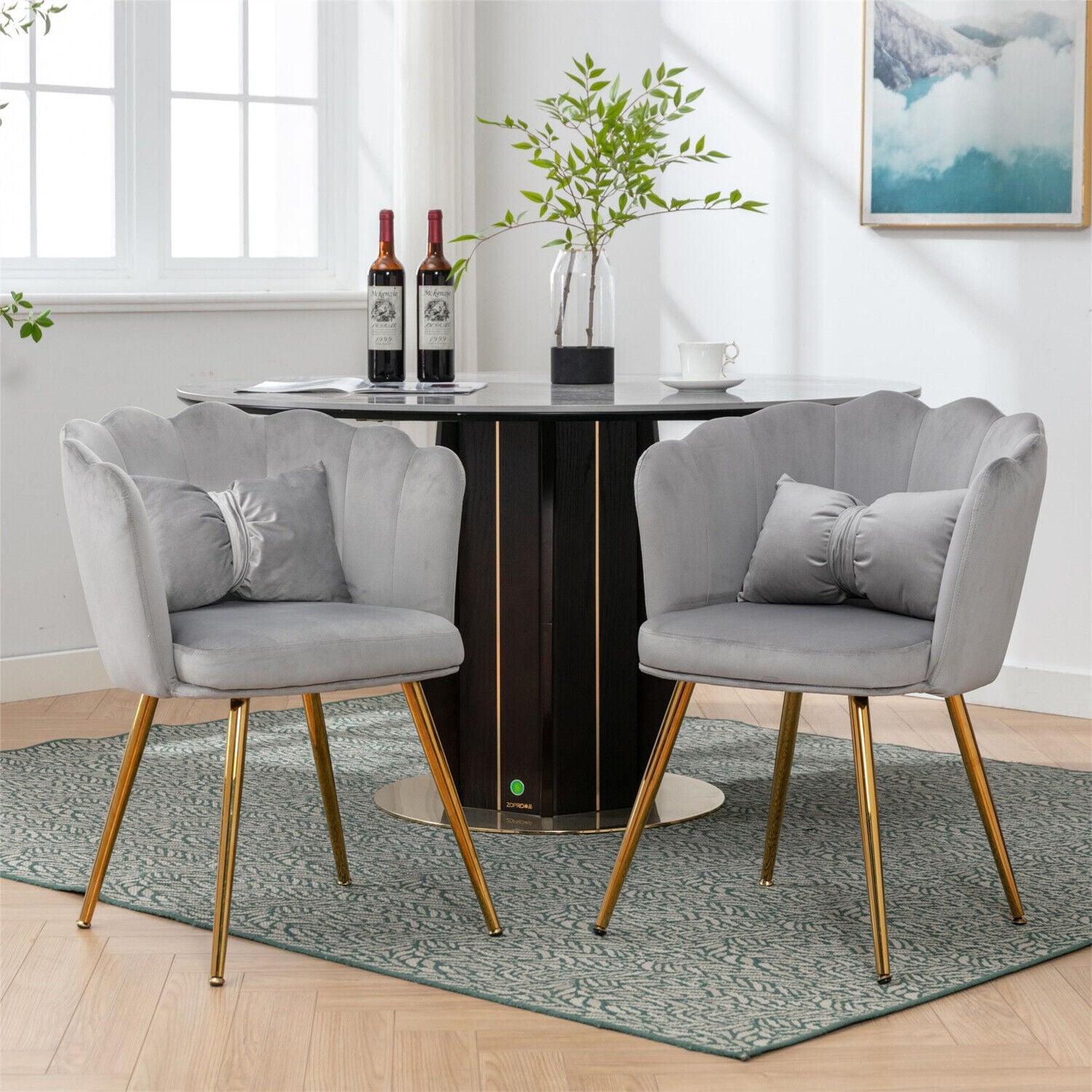 2x Velvet Upholstered Accent Chair Wing Back Armchair w/ Pilows Metal Legs Grey