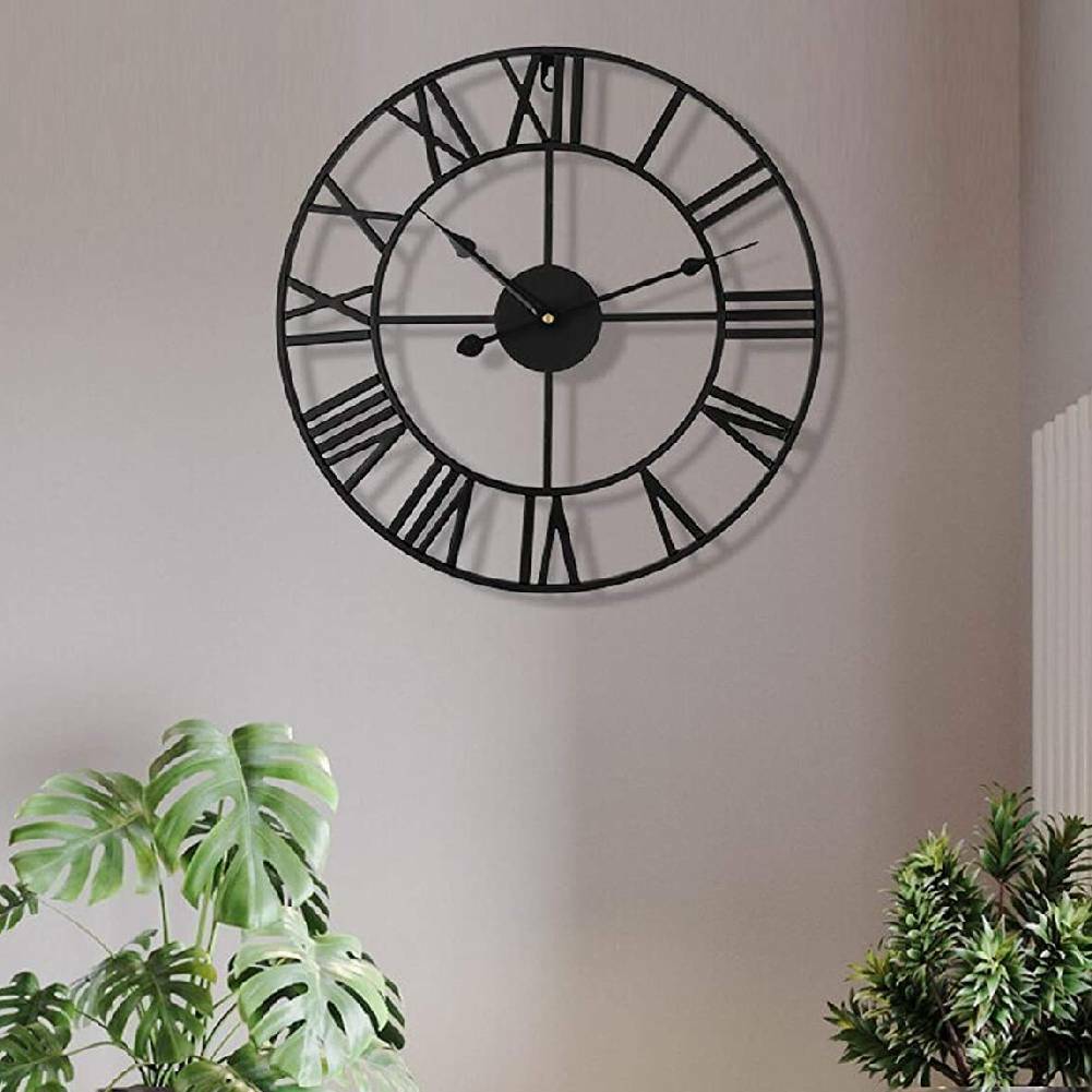 60cm Roman Numeral Wall Clock Indoor Outdoor Garden Metal 60CM Round Face Black