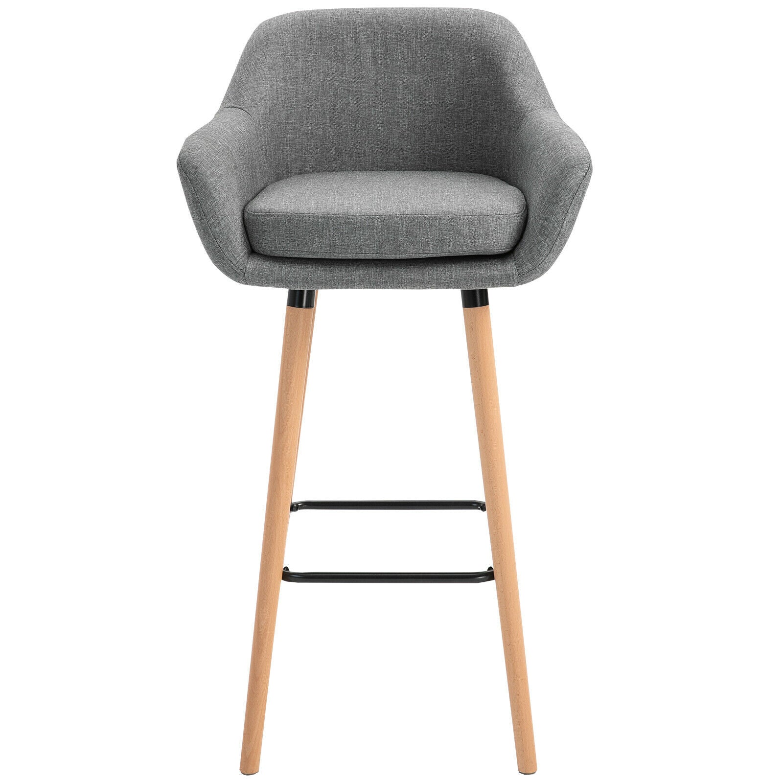 2 PCs Modern Upholstered Fabric Bucket Seat Bar Stools w/ Wood Legs Grey