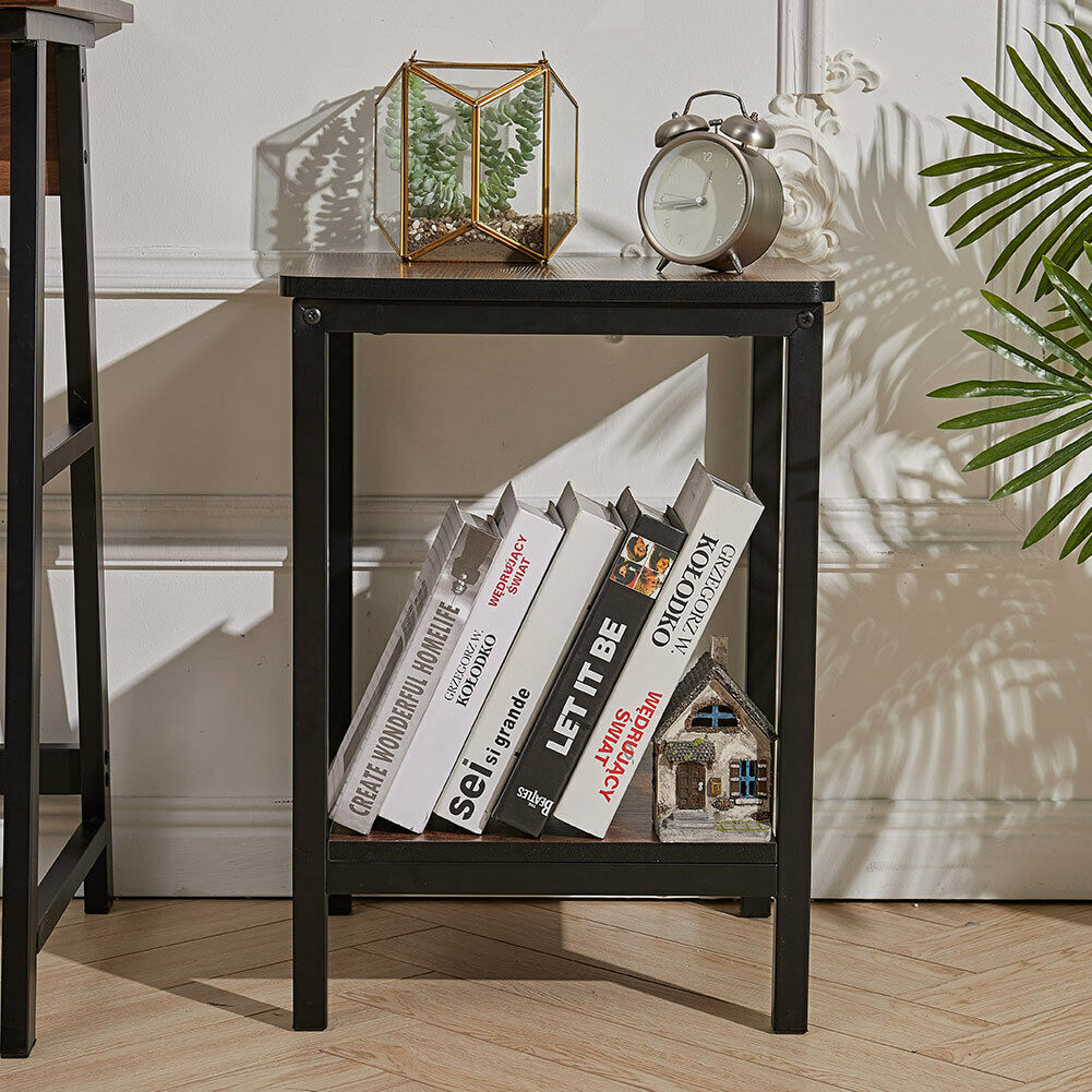 Industrial Bedside Table 2 Tier Rustic Wood Metal Side End Table Shelf Stand