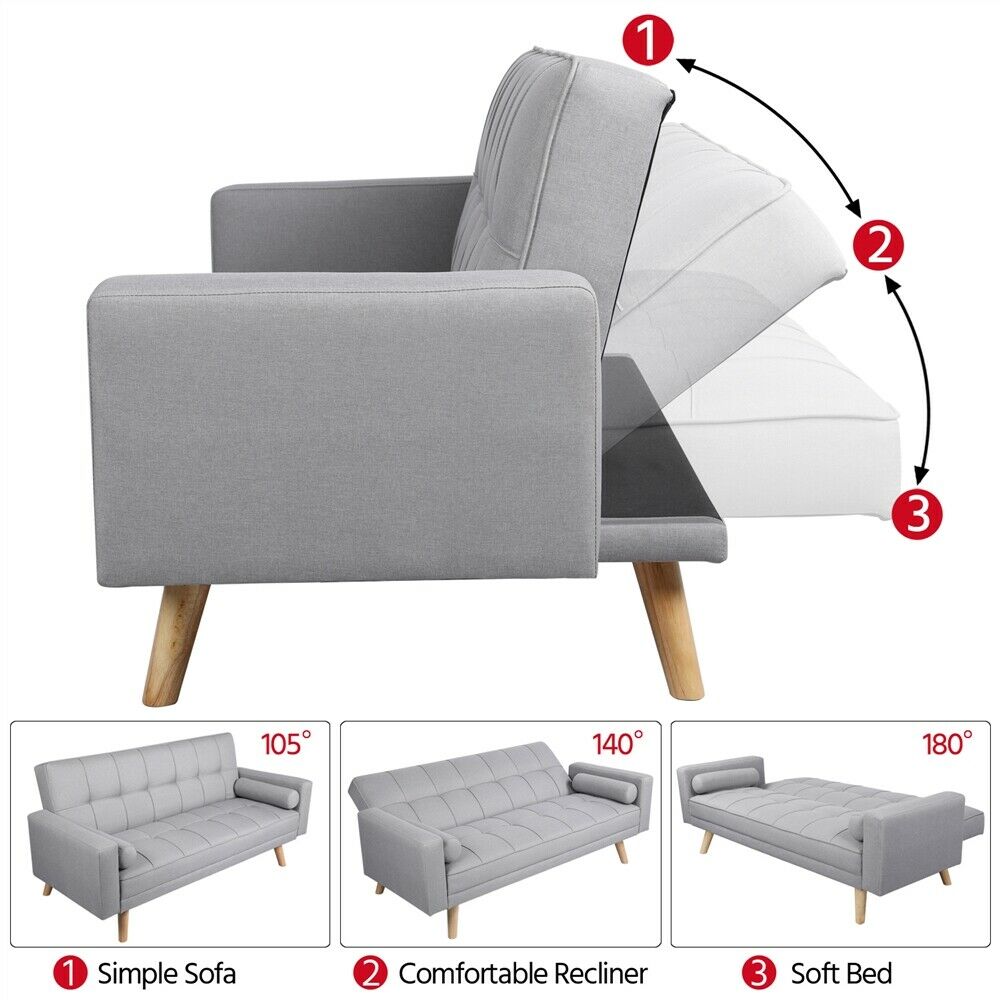 3 Seater Fabirc Sofa Bed Click Clack Living Room Settee Armchair Couches Grey (Grey(L185CM))