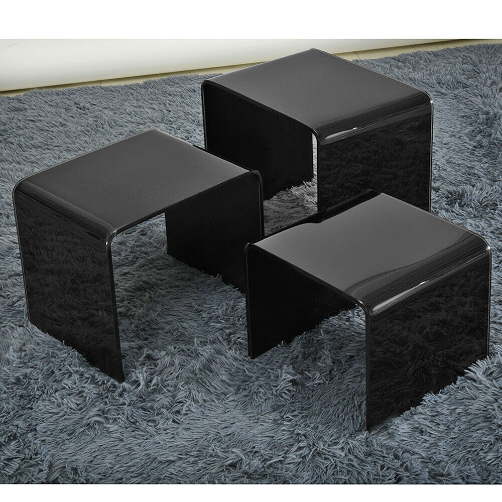 Set of 3 Glass Nest of Side Tables for Cafe Home Tea Coffee Curved Glass Table