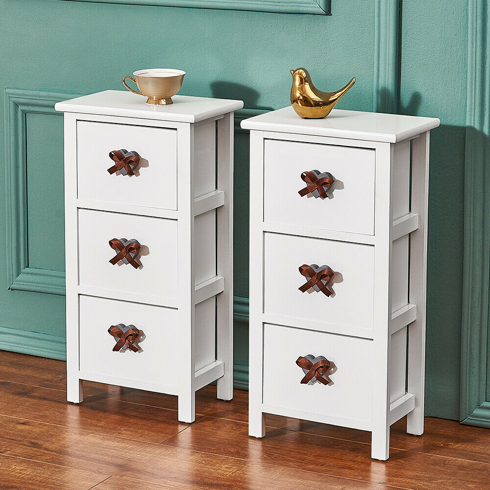 Pair of White Bedroom Bedside Table Unit Cabinet Nightstand with 3 Drawers UK