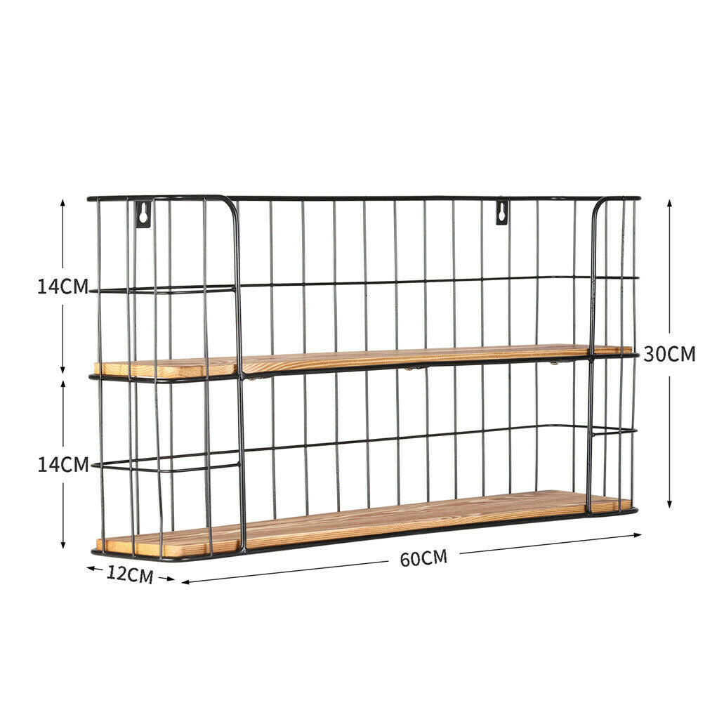 2 Tier Wall Mounted Metal Wire Wood Shelf Floating Shelves Kitchen Storage Rack