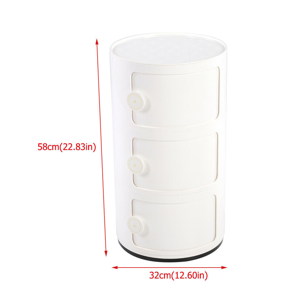 3 Tier Round Bedside Cabinet Slide Drawer Storage Unit ABS Cupboard Bathroom