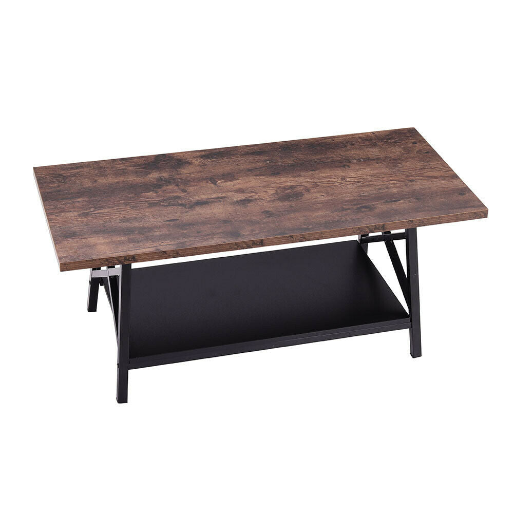 2 Tier Retro Coffee Table Rectangle Rustic Wood Living Room Table With Shelf