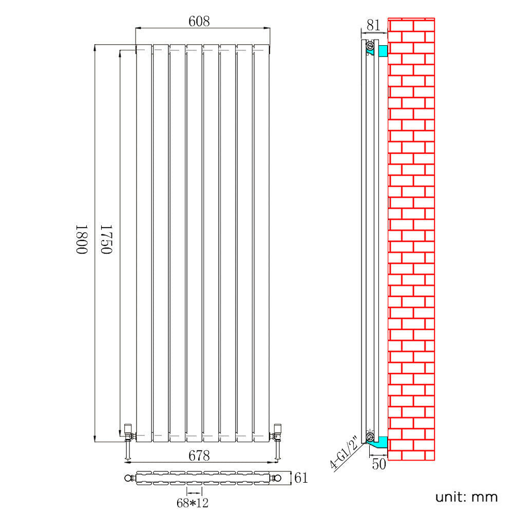Vertical Designer Radiator 1800 x608mm  Double Flat Panel Heating Rads