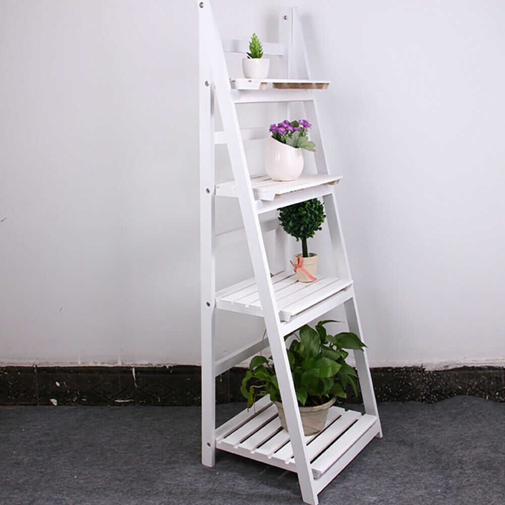 White Wooden Ladder Shelf 4 Tiers Plant Stand Folding Display Bookshelf Rack UK