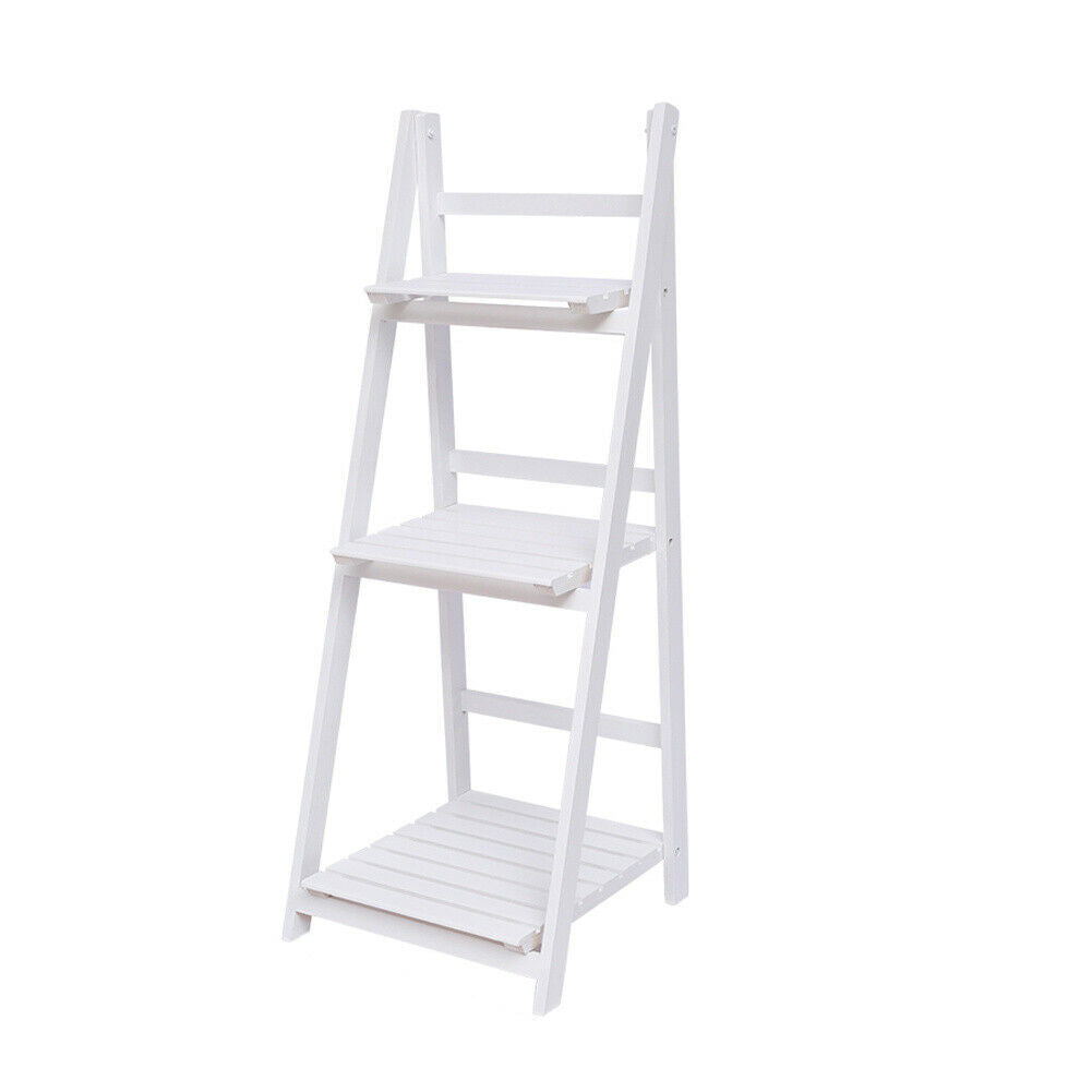 3 Tier Wood Folding Ladder Shelf Flower Plant Pot Stand Storage Display Shelving (White 3 Tier Ladder Shelf 42x40x107cm)