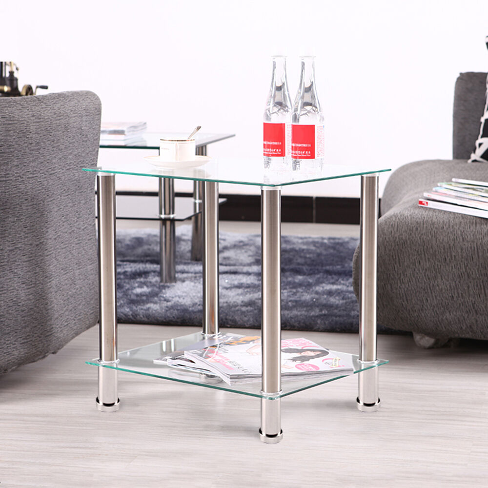 Clear 2 Tiers Glass Stainless Steel Small Display Stand Side Lamp Coffee Table