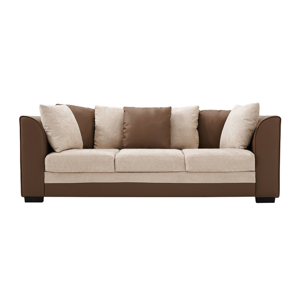 3 Seater Brown Beige Leather Fabric Sofa Armchair Couch with Footstool Option
