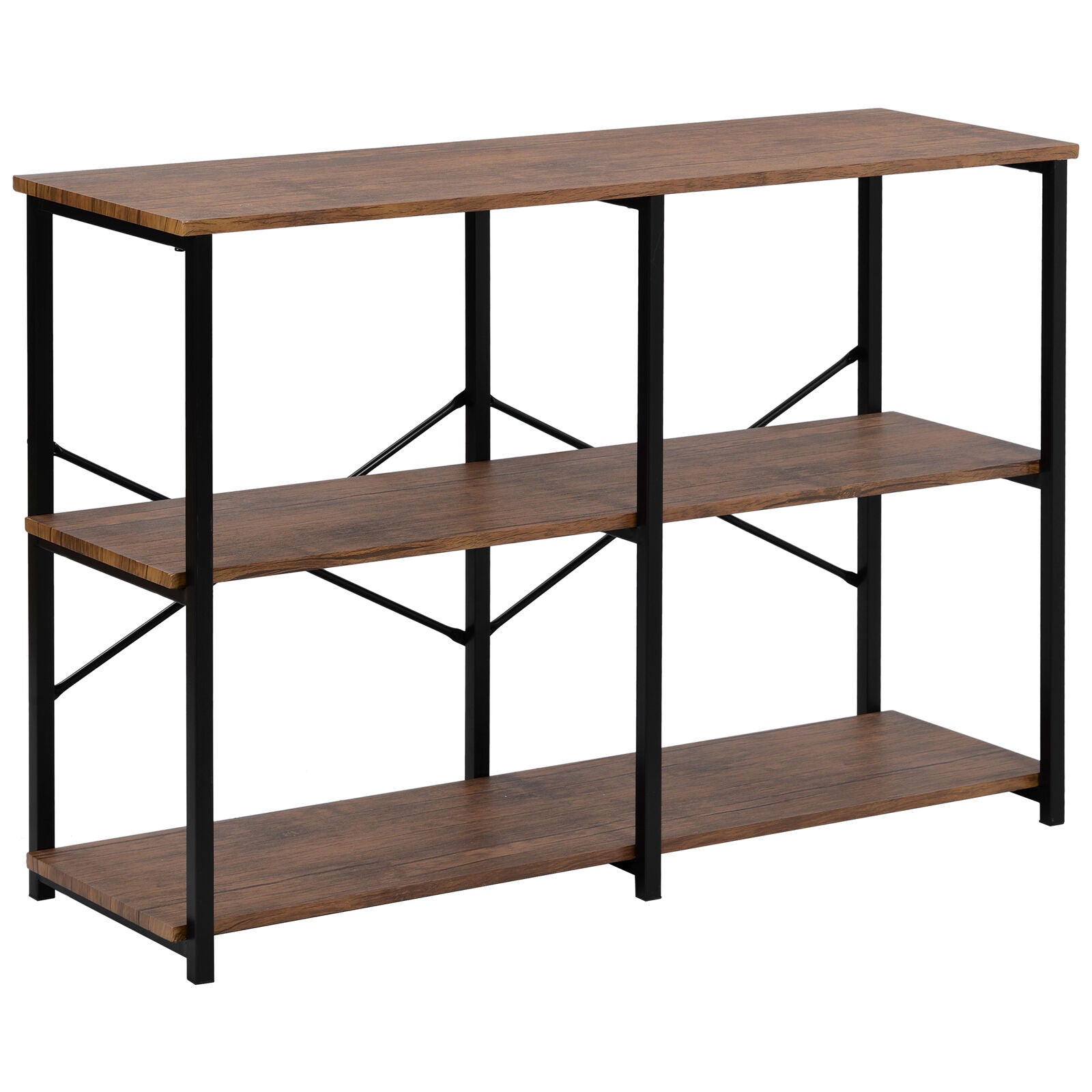 3-Tier Console Table Wodd Sofa Table Steel Frame Industrial Storage Shelf Brown