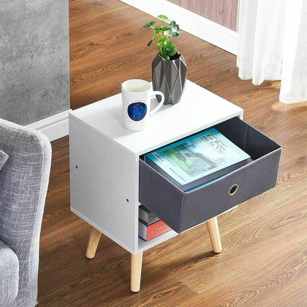 Bedside Table Cabinet Bedroom Storage Nightstand with 1 Fabric Drawer Wooden Leg