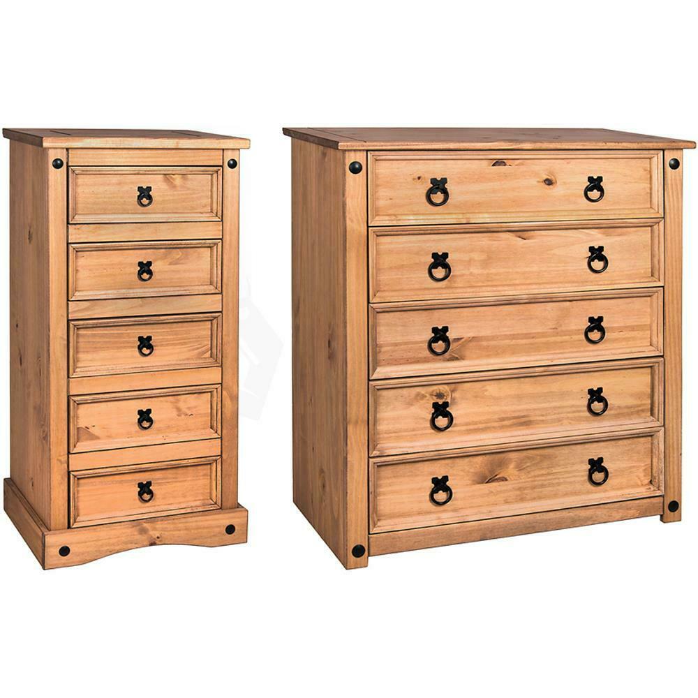 Corona 5 Drawer Chest Distressed Waxed Solid Wood Pine Storage Bedroom Furniture