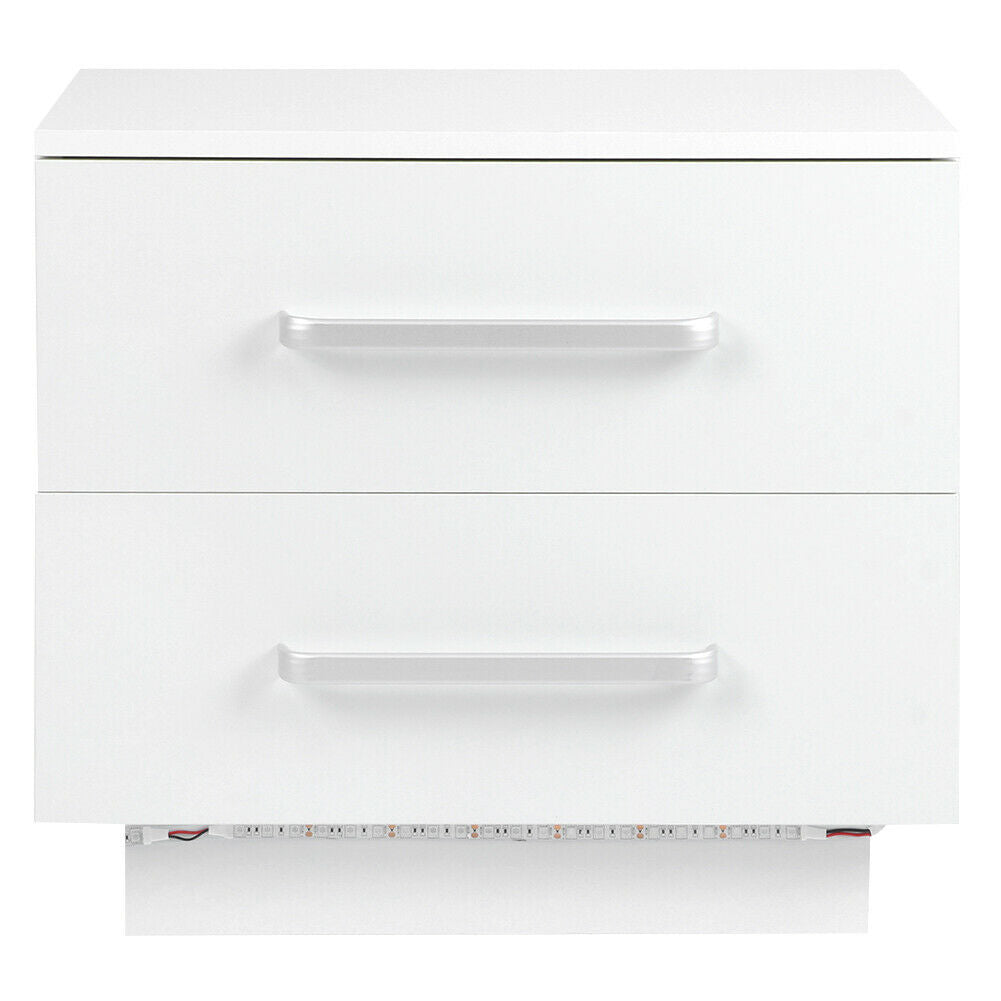 Bedside Table 2 Drawers Nightstand Front High Gloss Bedroom Cabinet w/ LED Light
