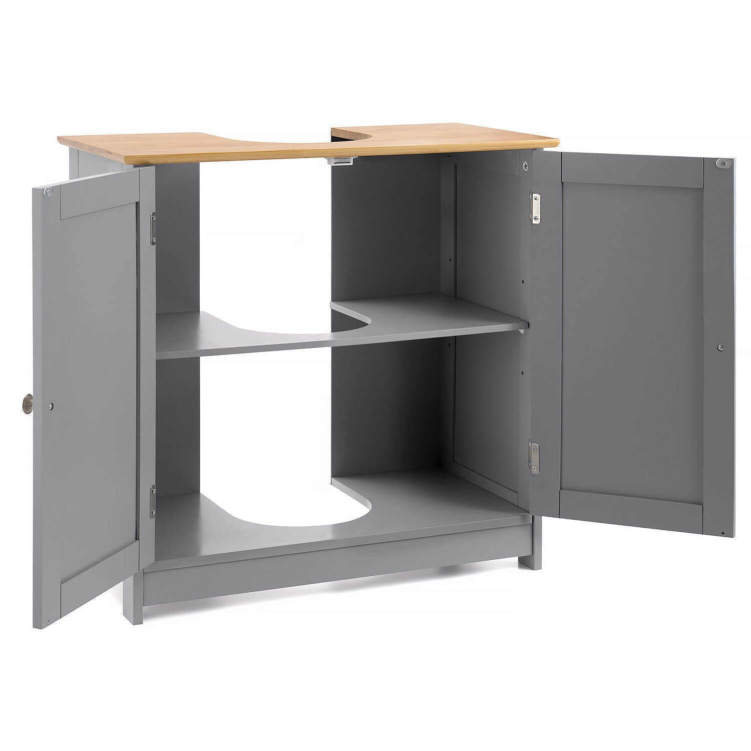 Bathroom Under Sink Cabinet Grey Bamboo Wooden Storage Cupboard Unit