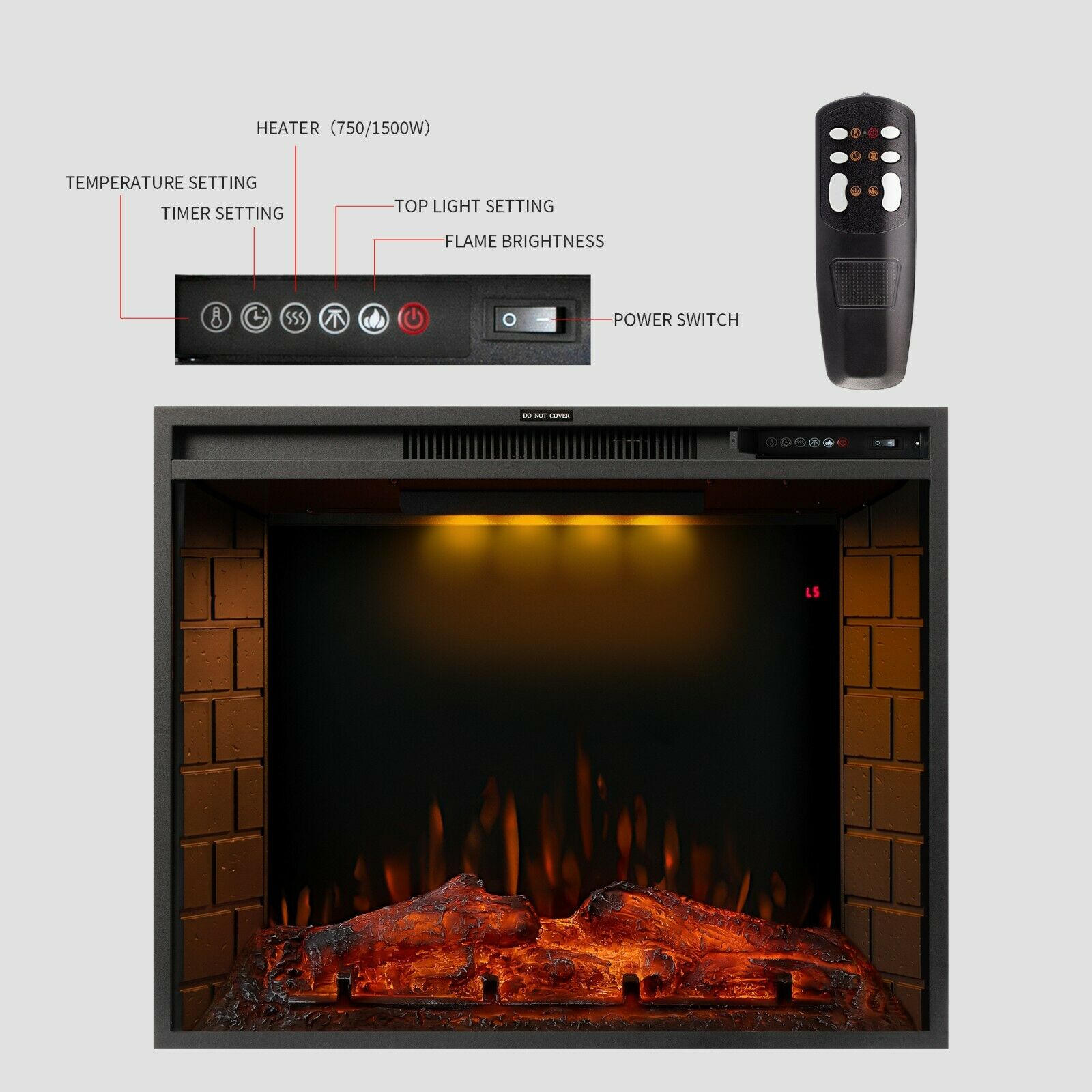 1.8KW Electric Fireplace 30'' Log Burning LED Flame Effect Standing Fan Heater