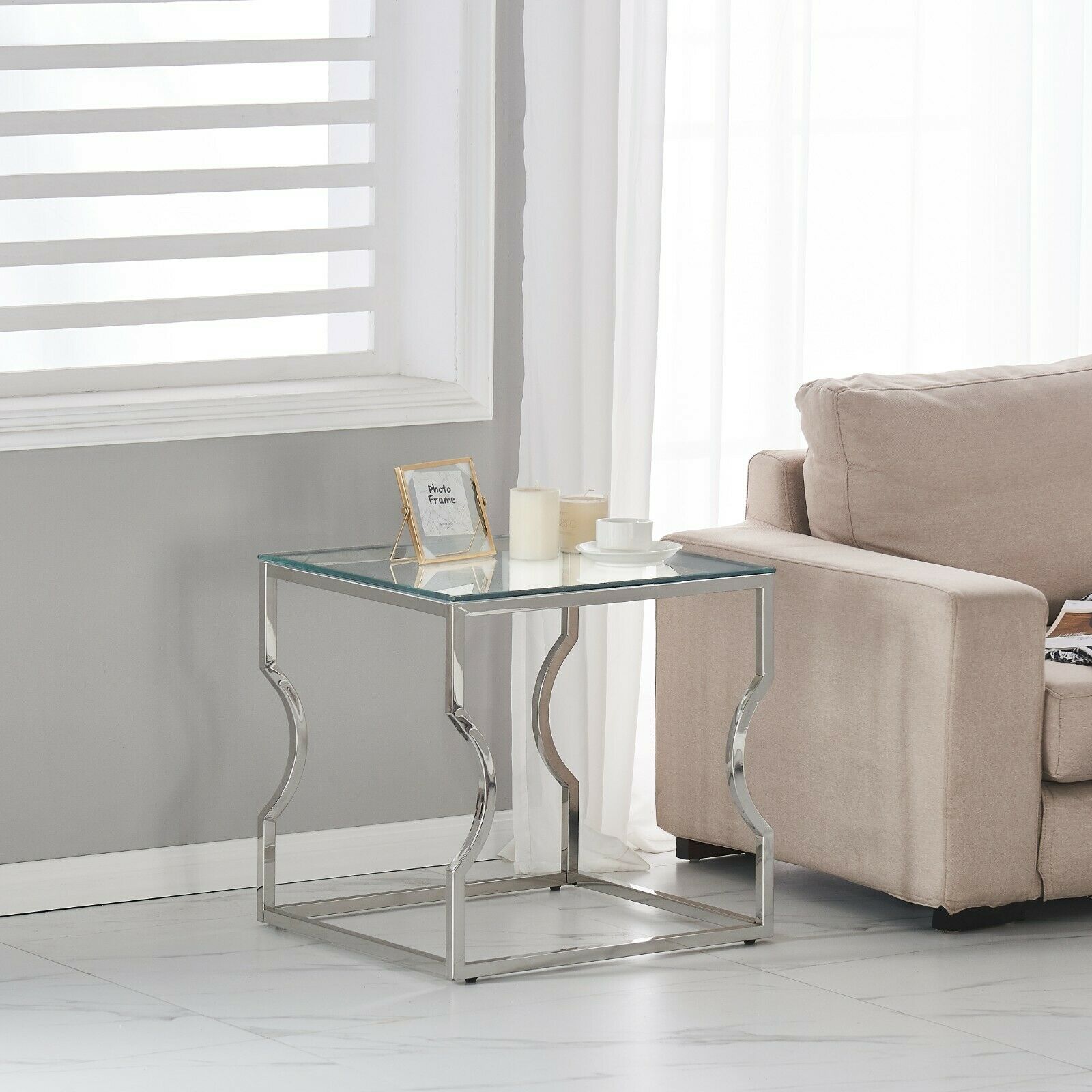 Console Coffee End Table Tinted Tempered Glass Furniture Chrome Crescent Leg