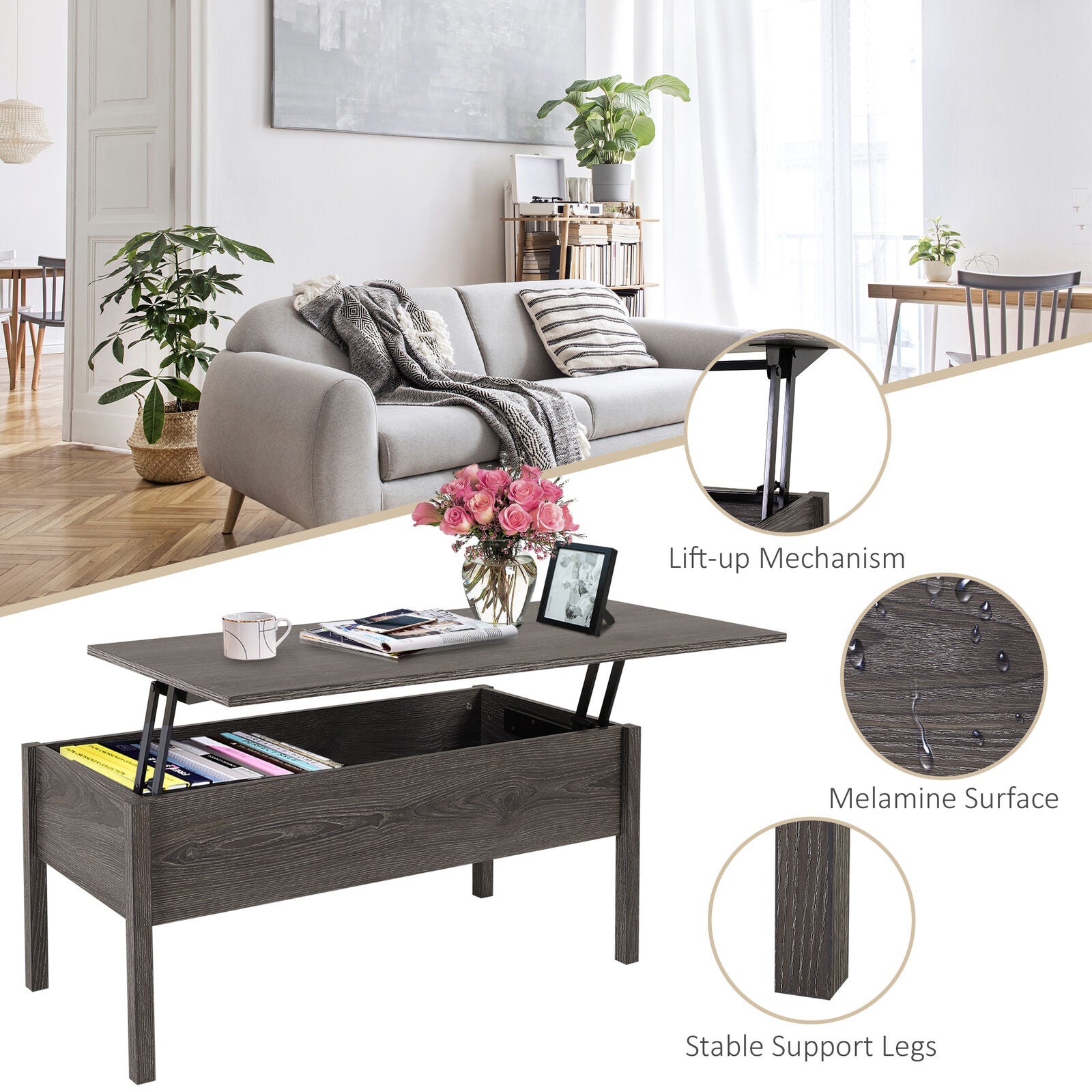 Modern Lift Top Coffee Table with Hidden Storage Floating Extendable Desk Tan