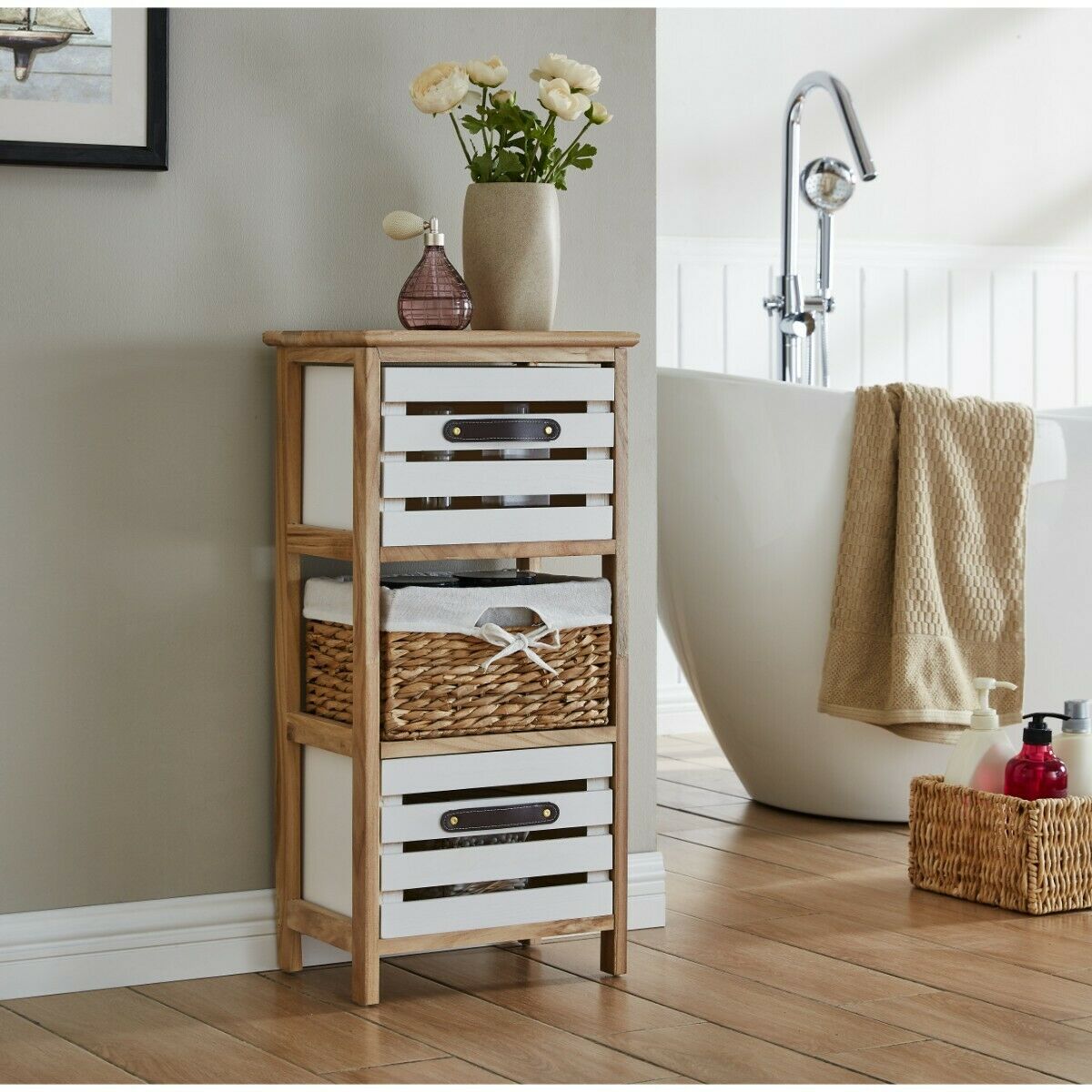 Bedside Table Unit Cabinet Wicker Basket 2/3 Drawer Nightstand Storage Bathroom