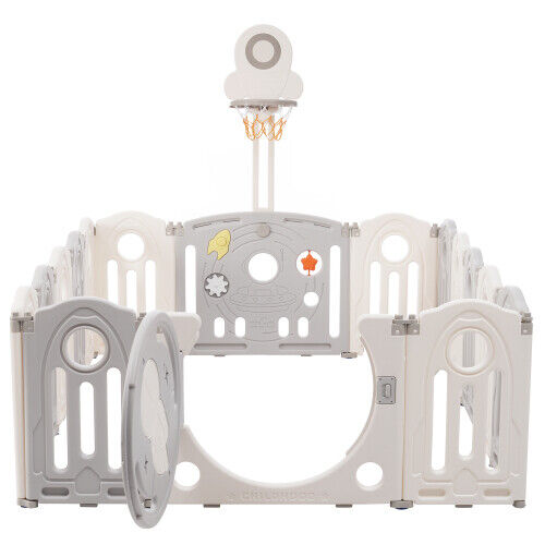 Foldable Baby Playpen with Activity Panel and Basketball Hoop 16 Panels Grey HT