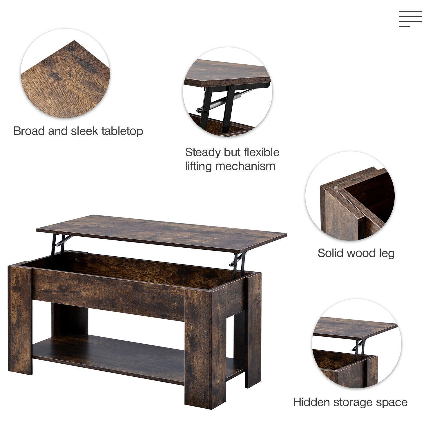 Hydraulic Lift Up Coffee Tea Table End Table with Living Room 100cm Wodden