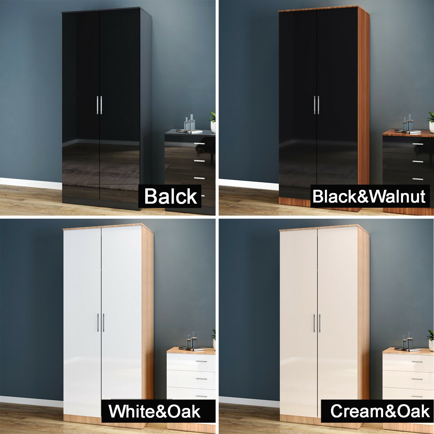 High Gloss 2 Door Wardrobe Mirrored Bedroom Furniture 3 pcs Set Large Storage