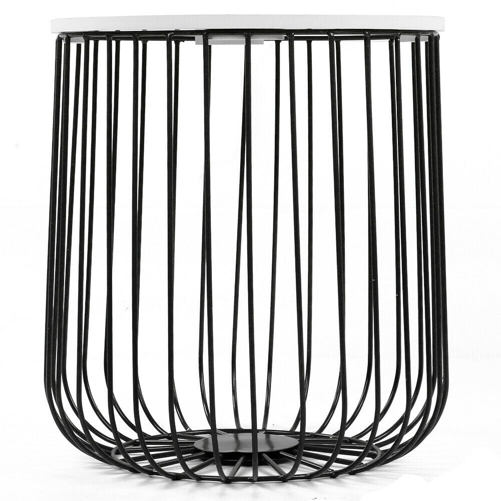 Retro Metal Wire Round Wood Storage Coffee Side Table Basket Home Furniture