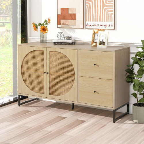 Rattan Sideboard Storage Cabinet Wooden Side Cabinet with 2 Doors 2 Drawers HT