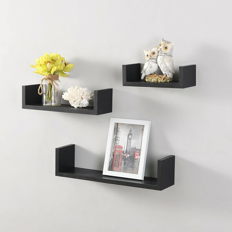 Set of 3 U Shape Floating Wall Shelf Storage Display White Black Oak Grey Blush