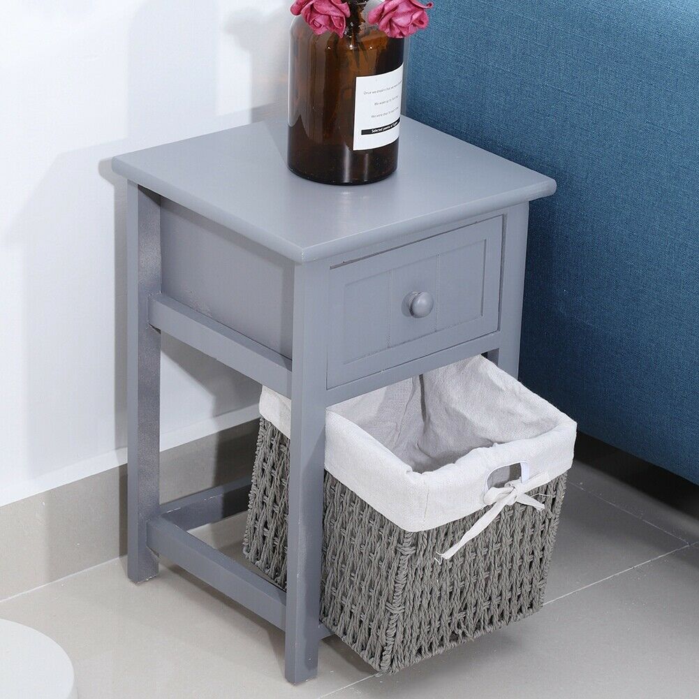 2 Pcs Wooden Bedside Table NightStand Cabinet Storage Drawer Wicker Basket Grey