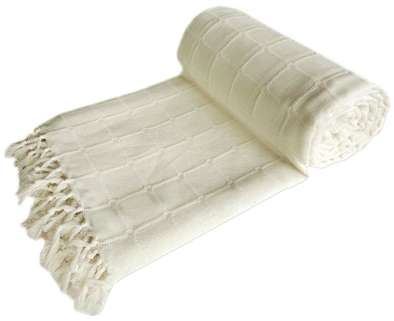 100% Cotton Wooven Sofa / Bed Throw Blanket In Ivory, 5 sizes + Super Giant Size