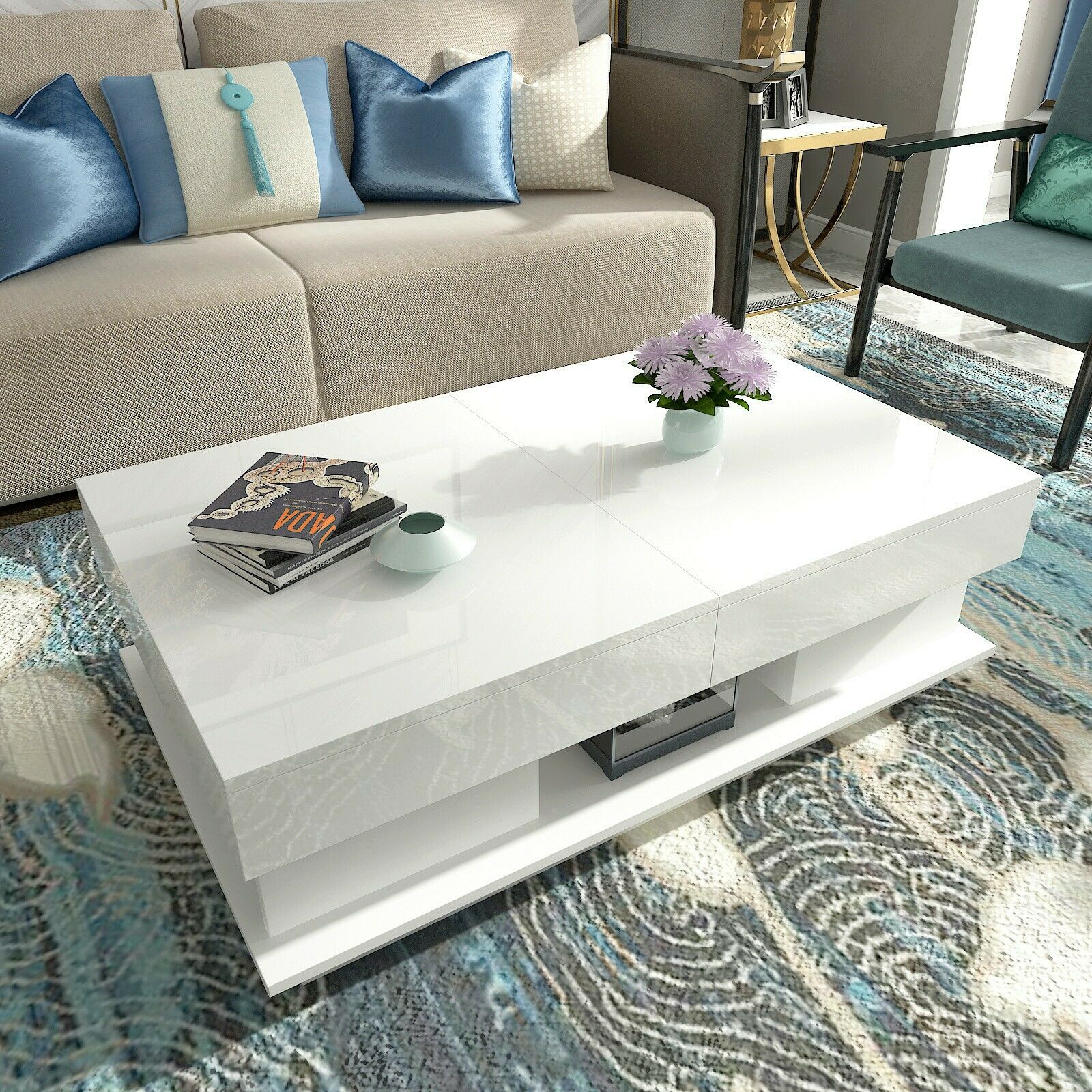 Modern High Gloss Coffee Tables End Side Table 2 Drawers Living Room White/Black