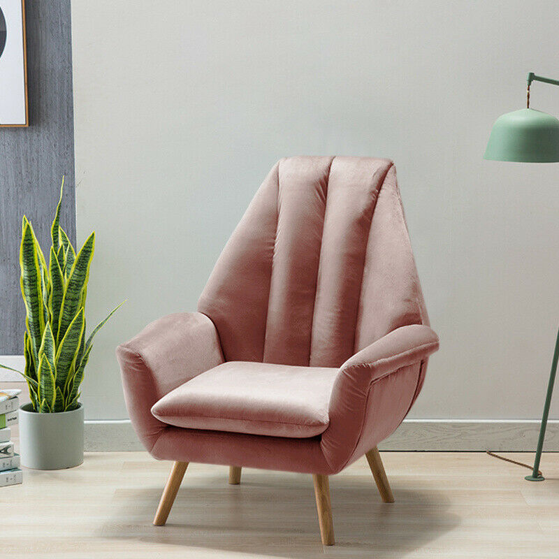 Blush Pink Velvet Occasional Wing Chair Single Seat Recliner Sofa Tub Armchair