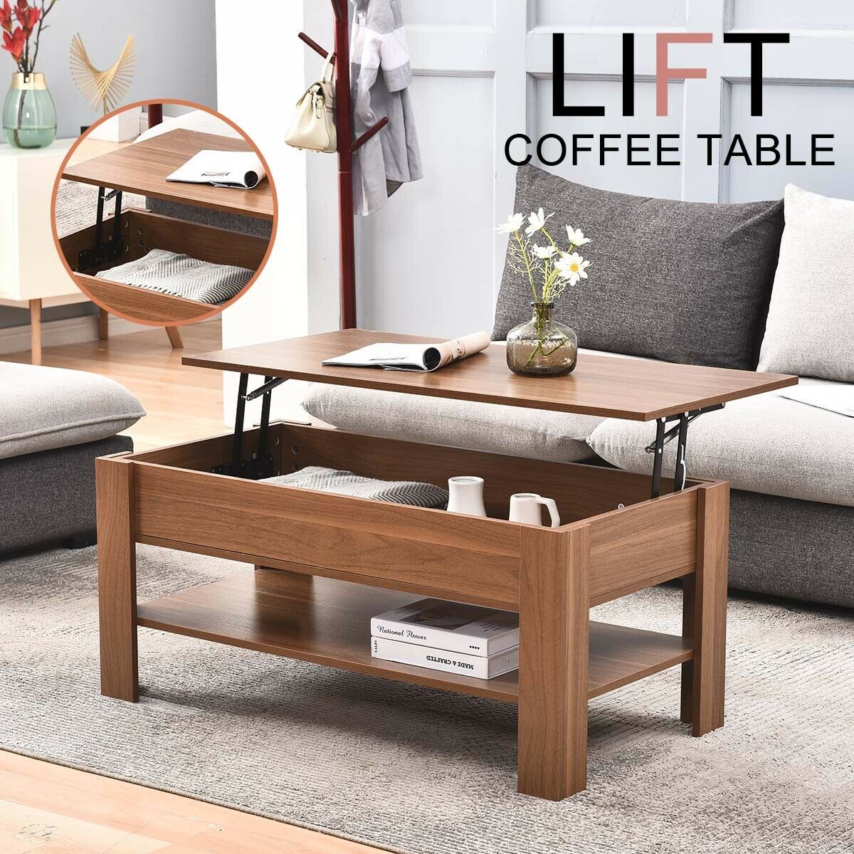 Wood Coffee Table For Living Room with Hidden Storage Lift-Top Table for Home