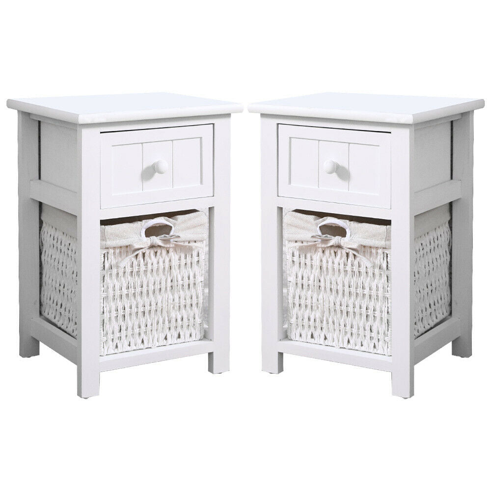 A Pair of Wooden Bedside Tables Storage Drawer Wicket Baskets Nightstand Cabinet