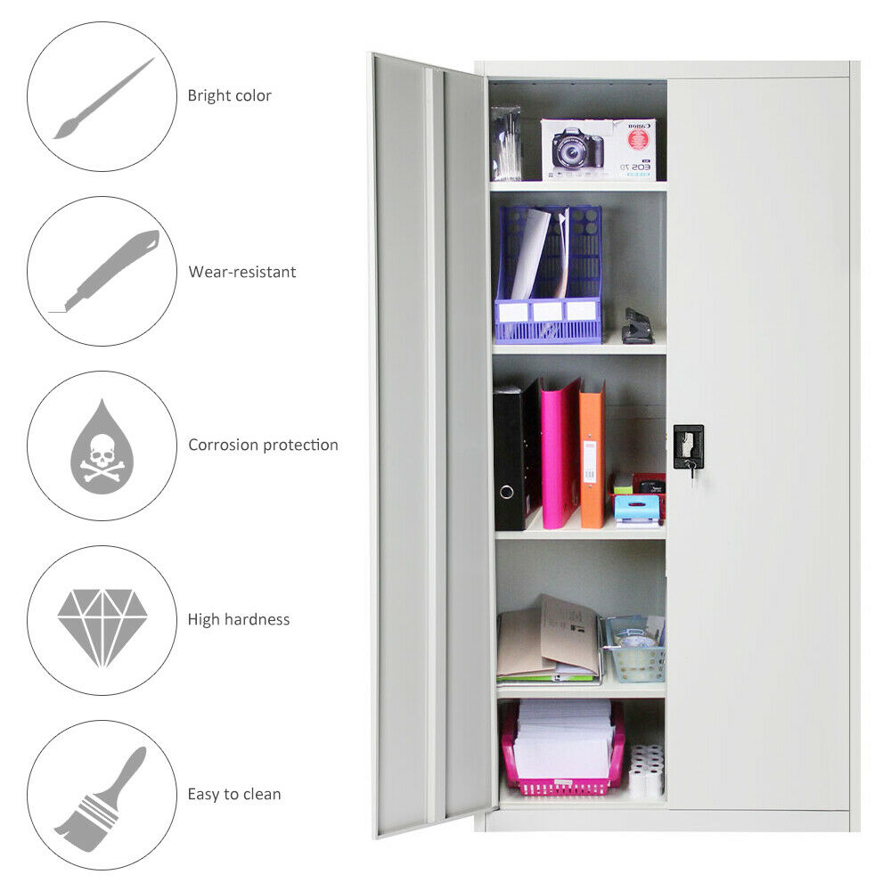 180cm Office Storage Lockable Cupboard Filing Cabinet Steel Metal Light Grey Key