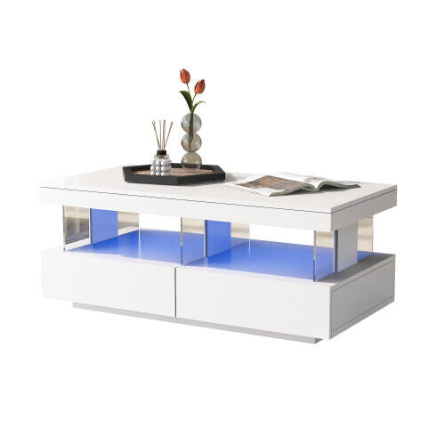 Coffee Table High Gloss LED RGB Tea Table With Storage Drawers Living Room HT
