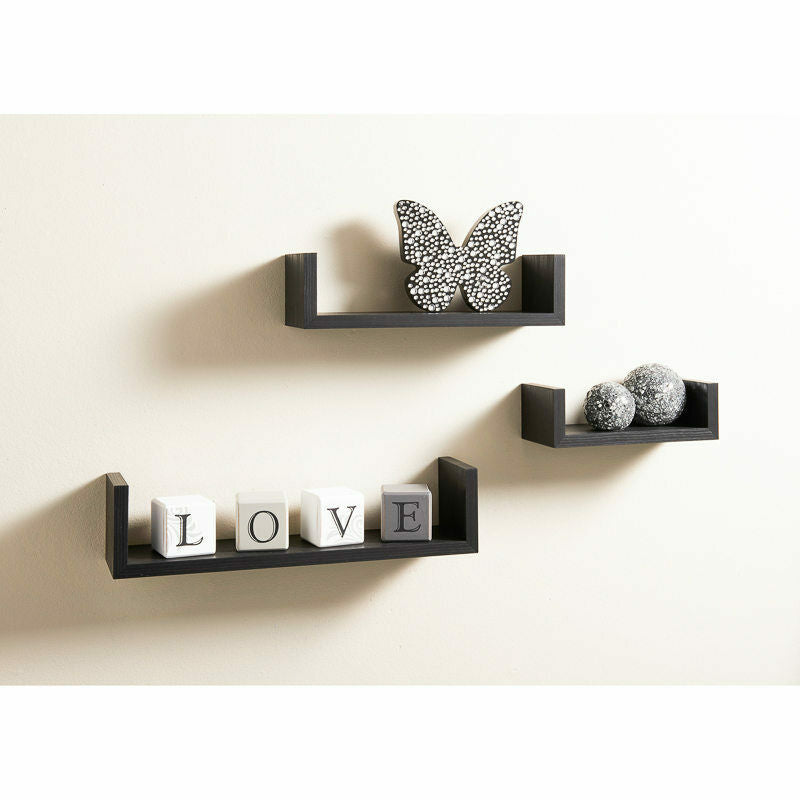 Set of 3 U Shape Floating Wall Shelf Storage Display White Black Oak Grey Blush