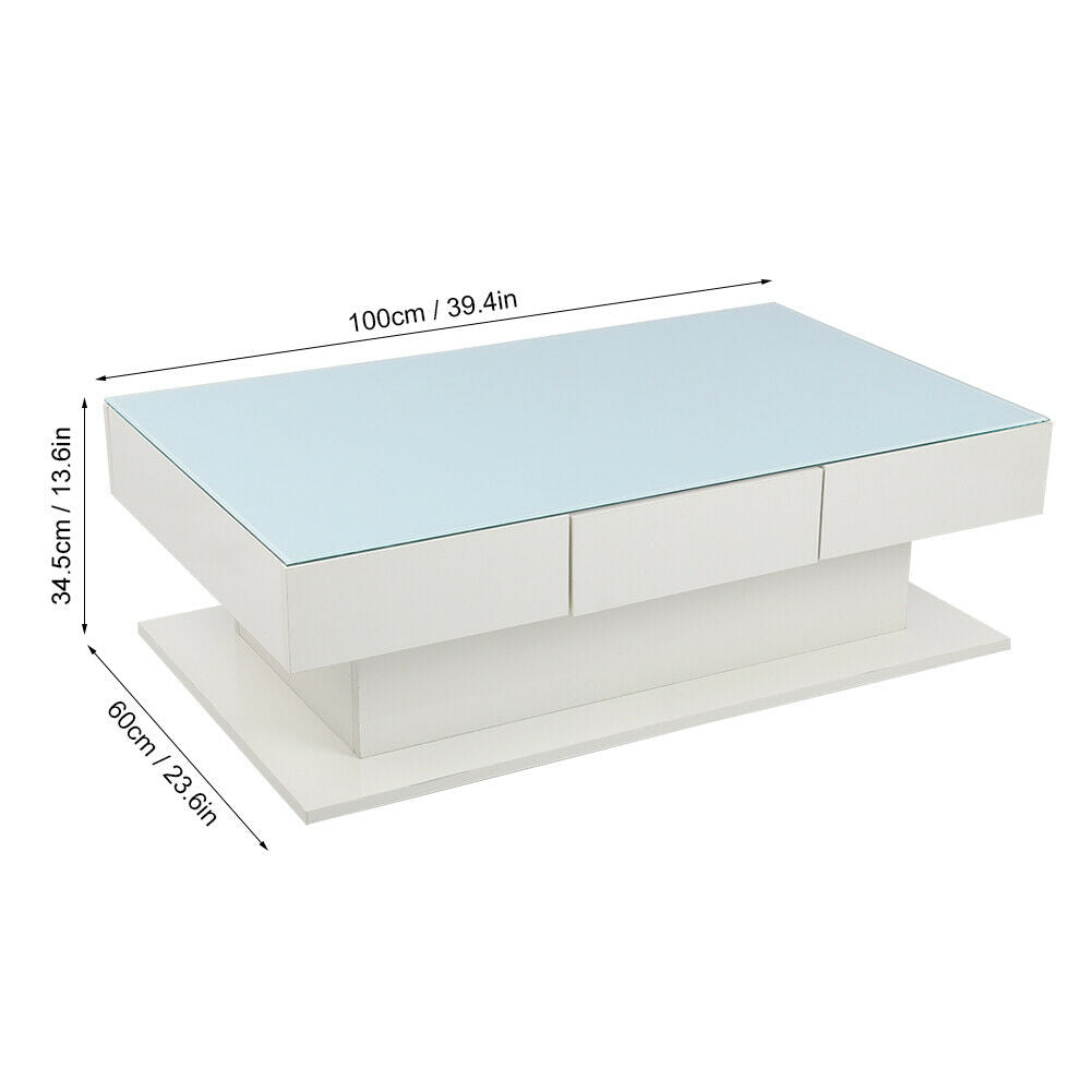 Modern Coffee Table High Gloss 2 Drawers Tempered Glass Living Room Furniture