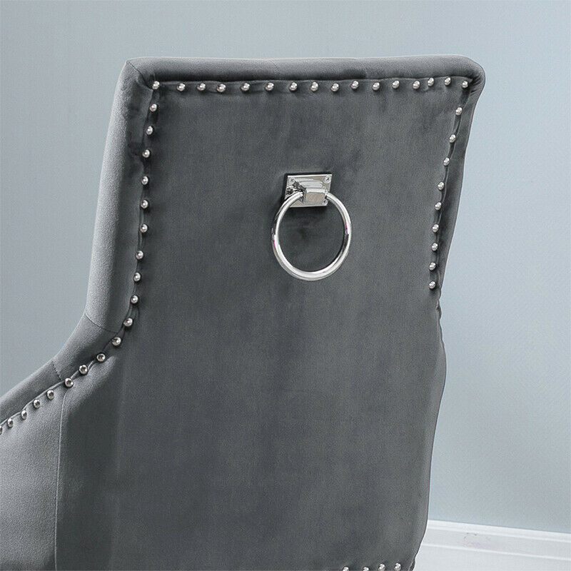 2x Accent Dining Chairs Grey Button Tufted Velvet with Rivets Knocker Chairs New